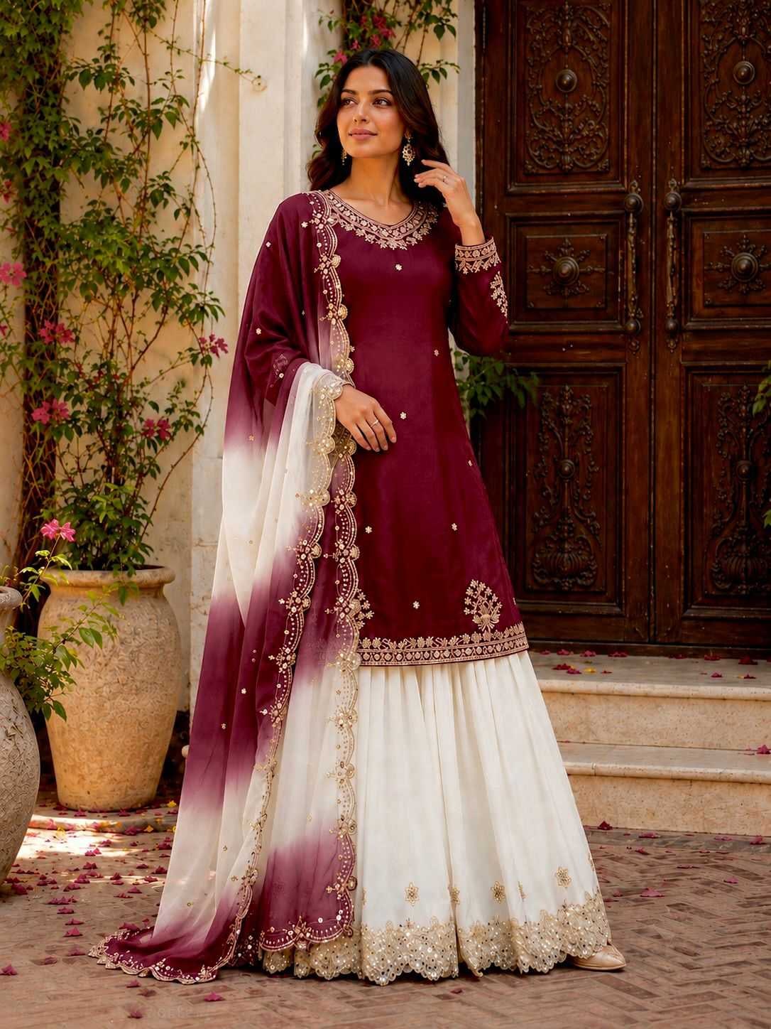 Crepe Embroidery Suits in Maroon