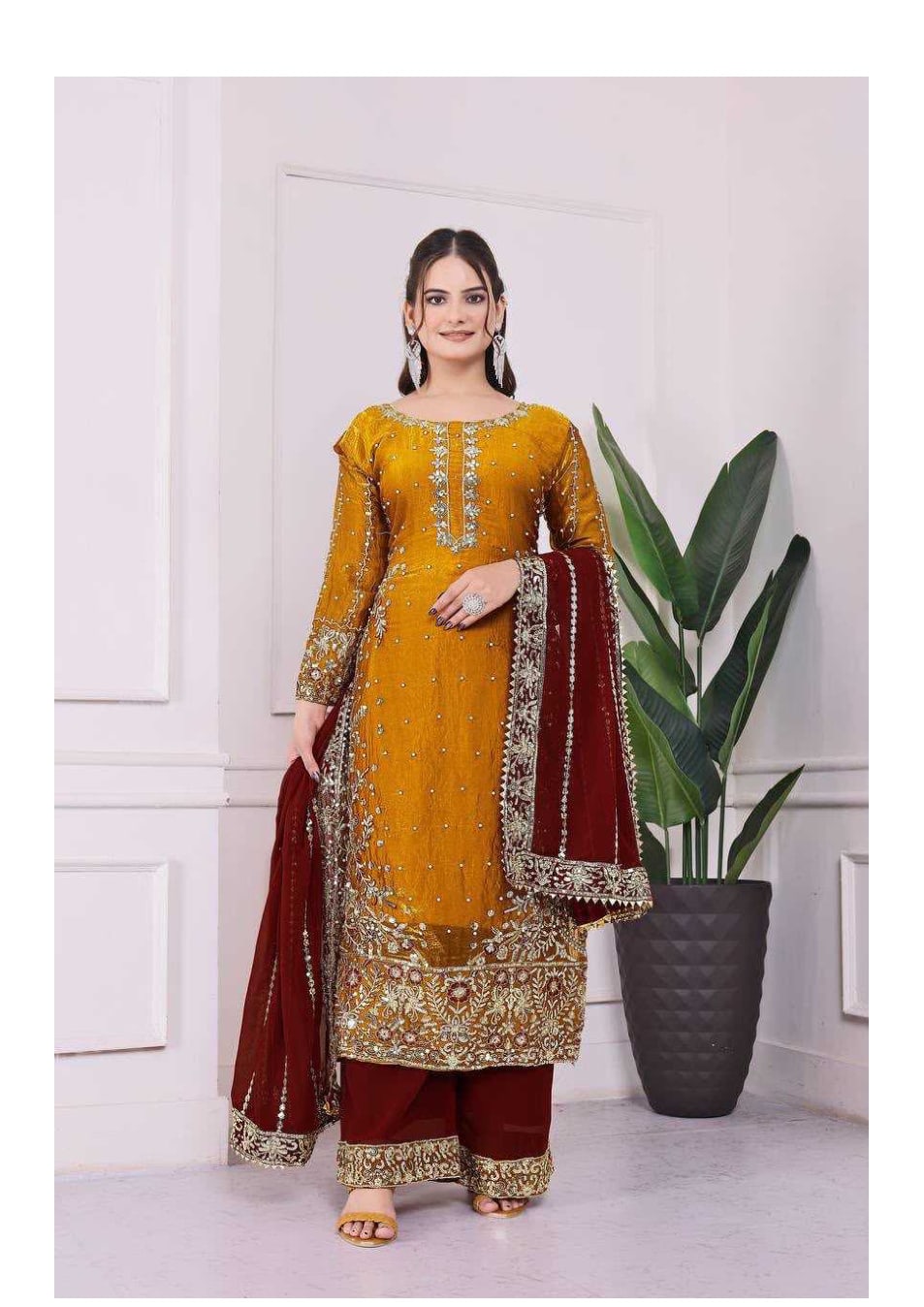 Heavy Silk Embroidery Suits in Mustard