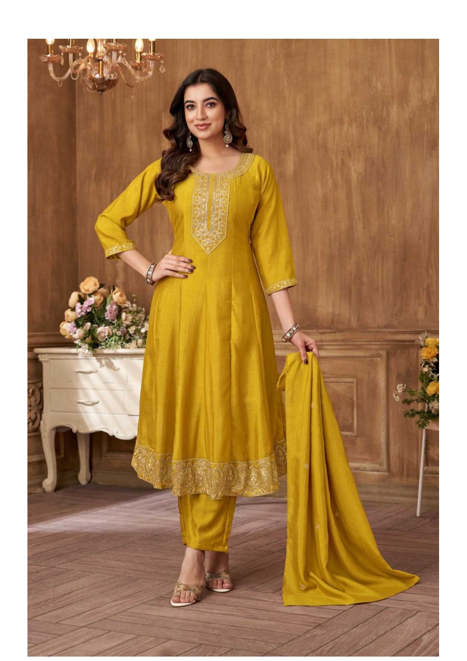 Vichitra Silk Embroidery Suits in Mustard Yellow