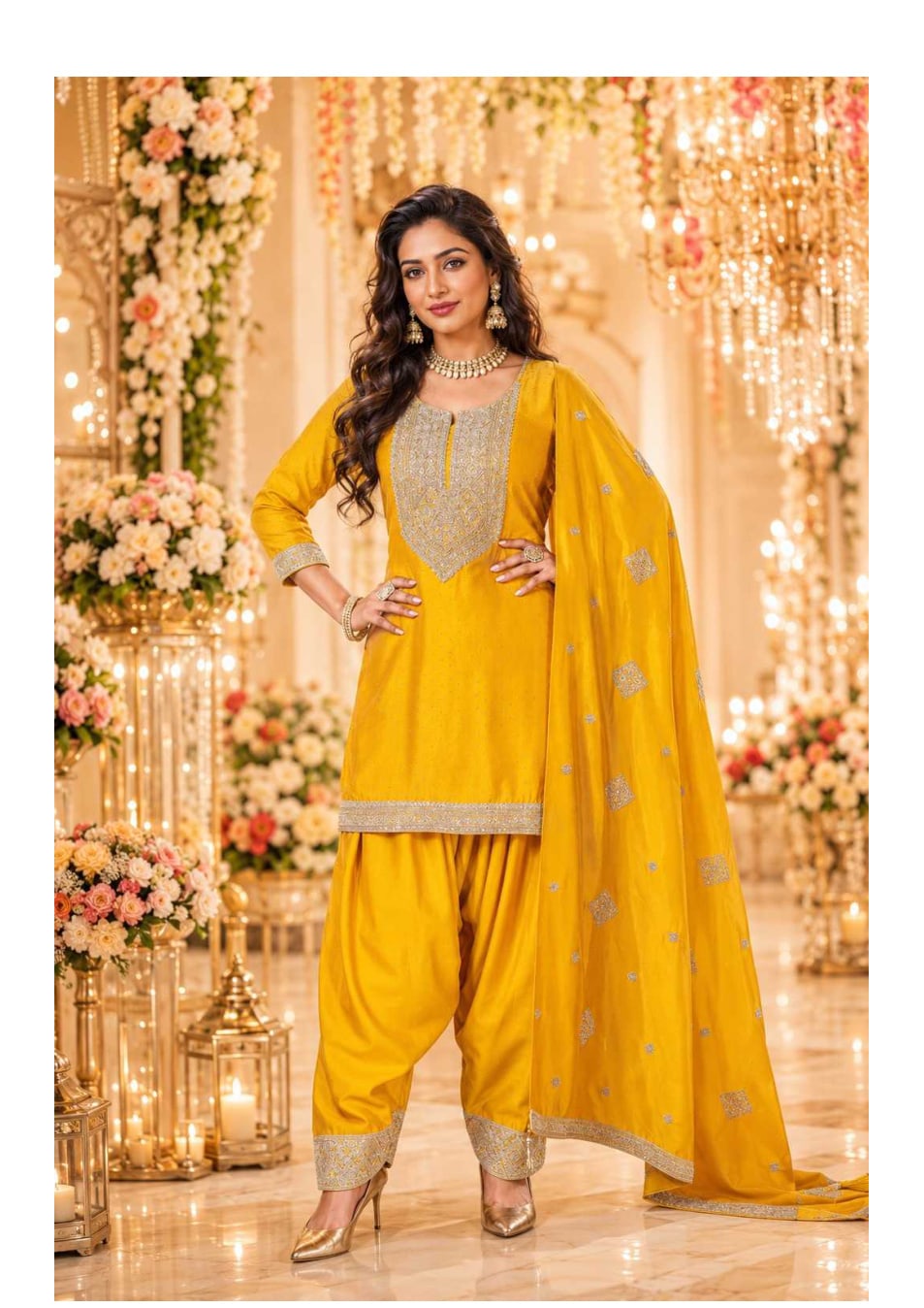 Vichitra Silk Ladies Salwar Suits in Yellow
